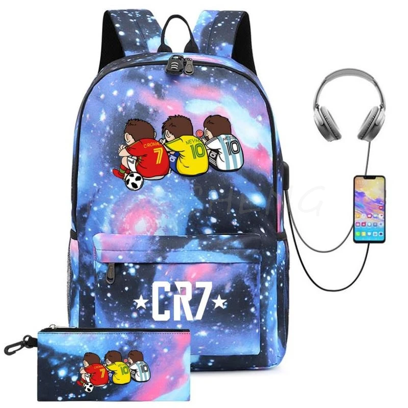 Hot Football CR7 Backpack Colorful Waterproof USB Charge School Bags for Teenagers Girls Boys Female Rucksack Mochila