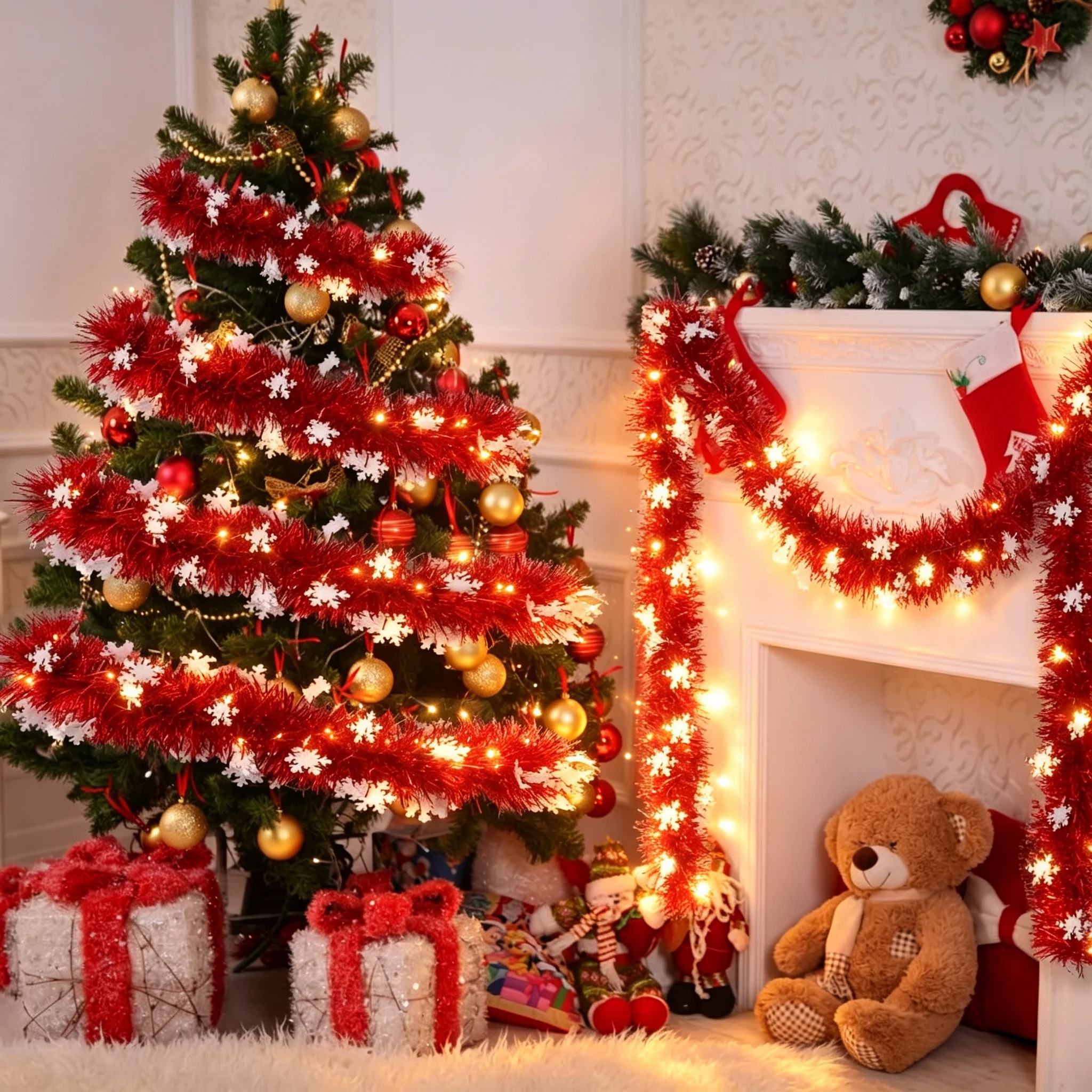 Home Decor Lighting Tree - LED-Weihnachtsschneeflocken-Girlande mit leuchtenden Metallstreifen, DIY-Farbstreifen, Schneeflocken