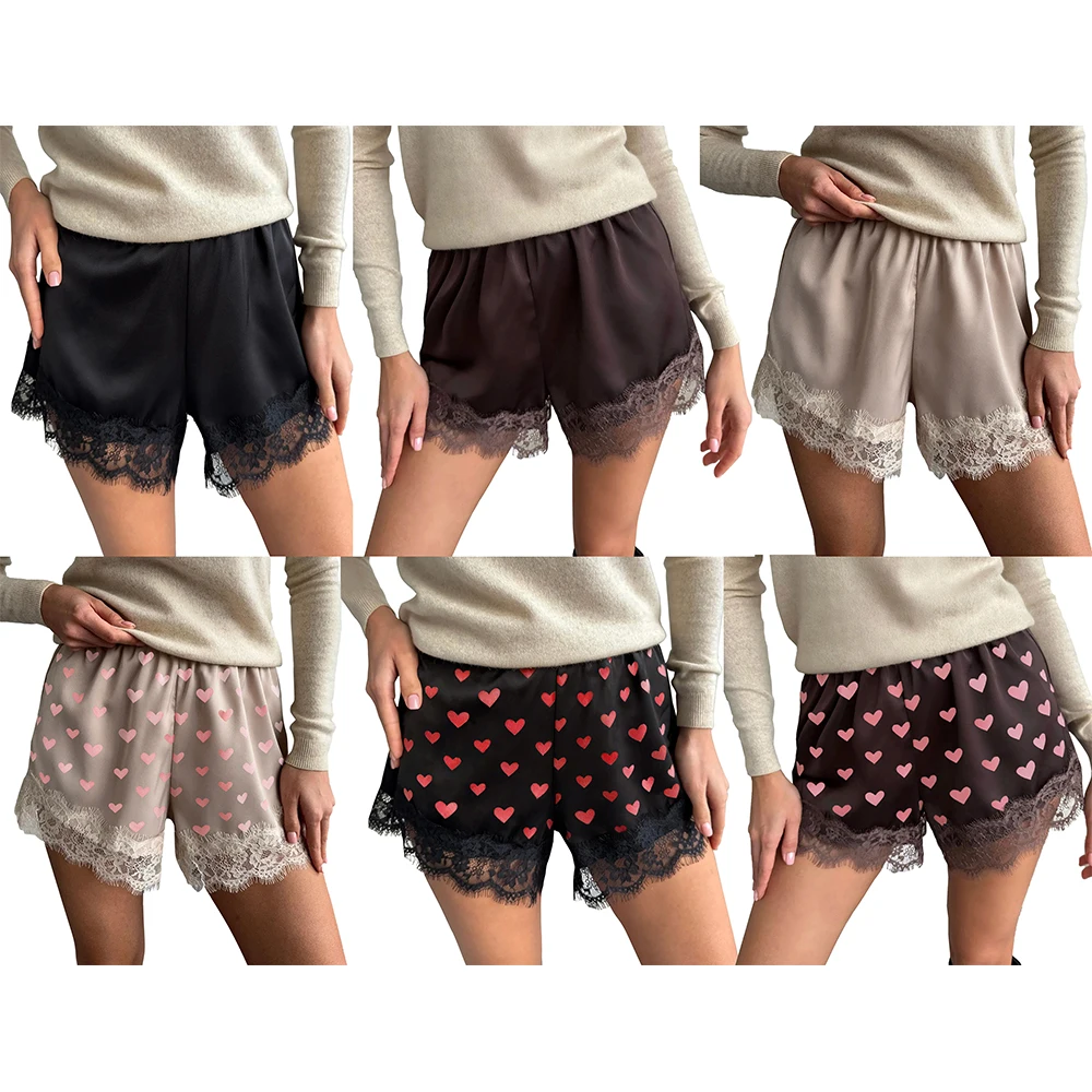 Women Lace Trim Satin Mini Shorts Solid/Heart Elastic Waist y2k Coquette Aesthetic Boxer Slip Pettipants French Knickers Bottoms