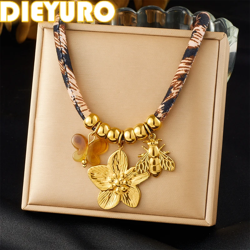 

DIEYURO 316L Stainless Steel Golden Flower Butterfly Bee Pendant Necklace For Women New Fashion Leopard Print Rope Chain Jewelry