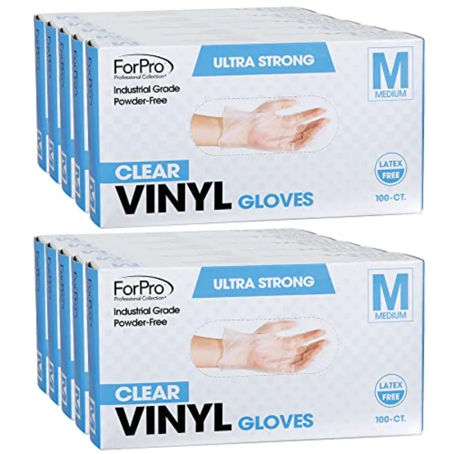

ForPro Disposable Vinyl Gloves Industrial Grade Powder-Free Latex-Free Non-Sterile Food Safe 2.75 Mil. Palm 3.9 Mil. Fingers Me