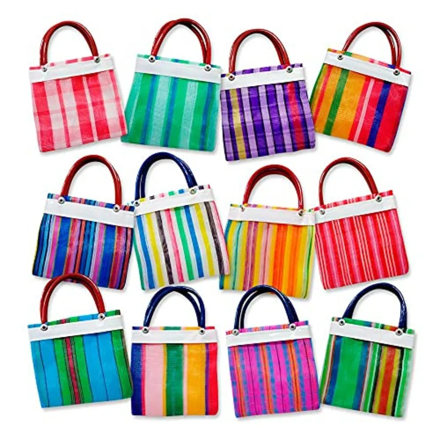 More Fiesta 24 Mini Mexican Tote Mercado Bags 5 inch by 5 inch - Assorted Colors - Small Mexican Mercado Bags High Thread Mesh