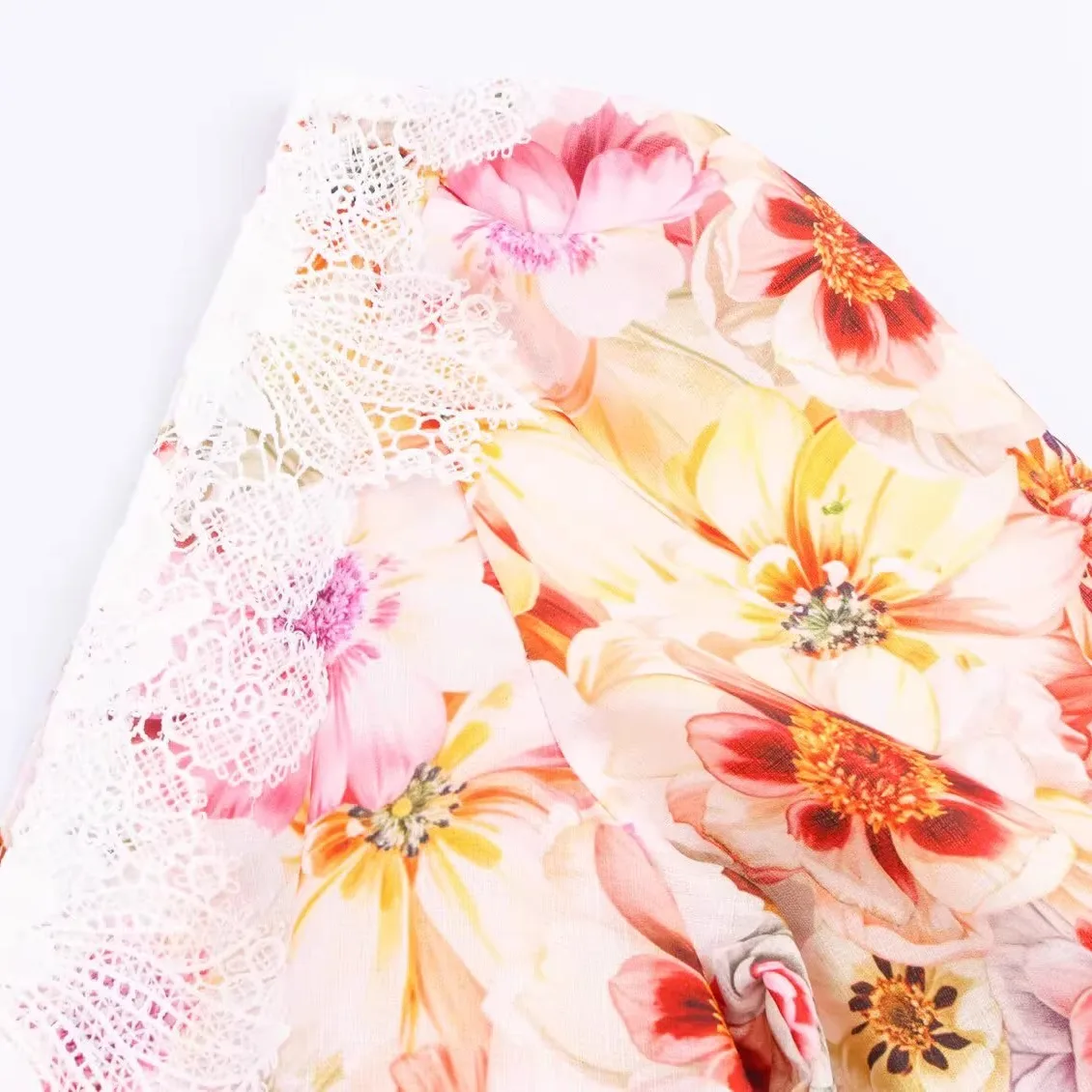 Französisch Sle Gedruckt Lange Dr frauen Faion V-ne Taille-ausgesetzt Floral Spitze Saum Herbst Neue Ankunft Casual Wear