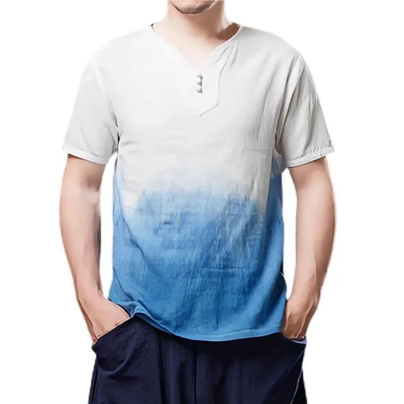 Cotton & Linen Men Tie Dye Gradient Blue Short Sleeve T-Shirts 2023 Summer Tops V-Neck Mens Casual Tee Shirt