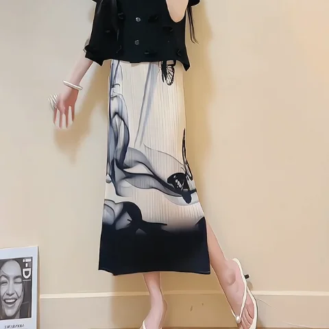 Costume pour femmes, col rond, manches courtes, haut plissé, jupe de peinture à l'encre haut de gamme, nouvelle mode