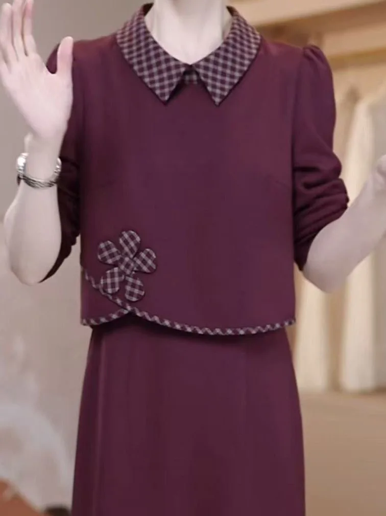 

Elegant Mid-Length Dress Advanced Twill Splice Autumn New Style Age-Defying Versatile High-Waisted Plaid Patterned Dress