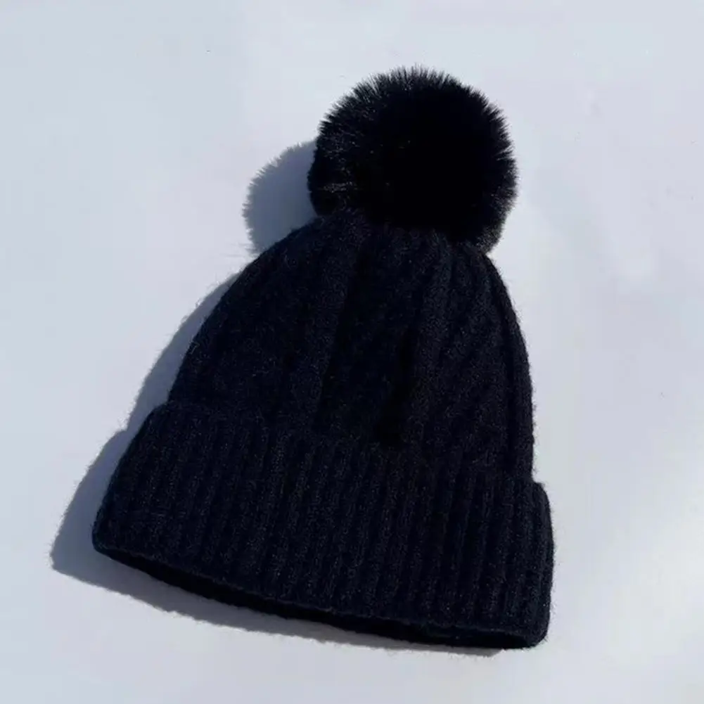 Winter Thermal Hats Winter Pom pom Beanie with Ear Folded Brim Unisex Knitted Hat for Weather Thick Stretchy