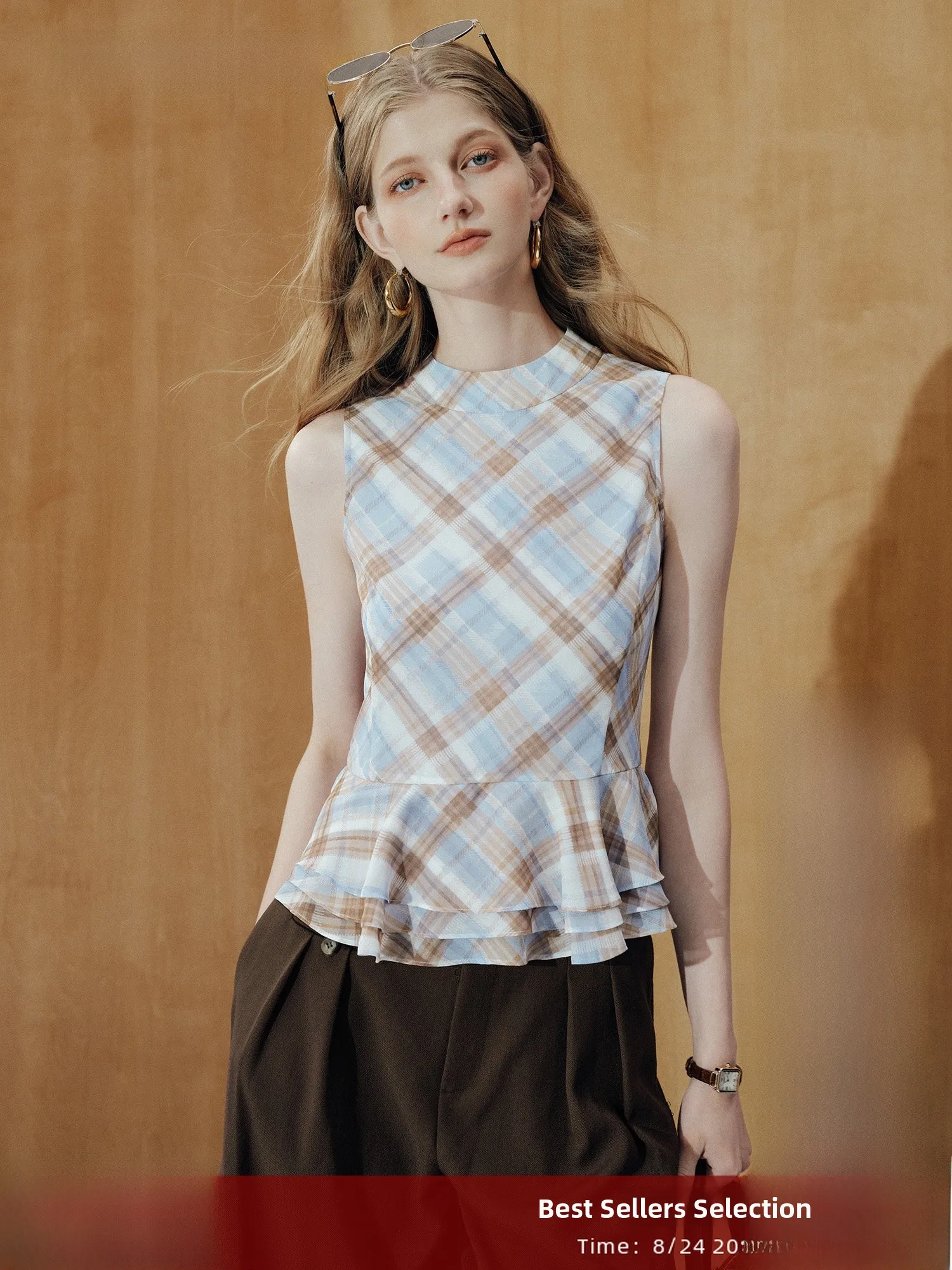 French Style Retro Blue Plaid Ruffle Sleeveless Women's Vest Summer New Color Collision Chiffon Top Fashionable Casual Wear