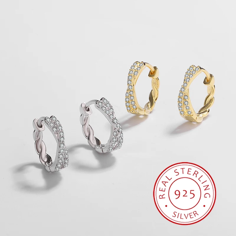 

Fashionable and Classic Genuine S925 Silver 14K Gold Twisted Rope Crossed Zircon Earrings with Versatile Temperament