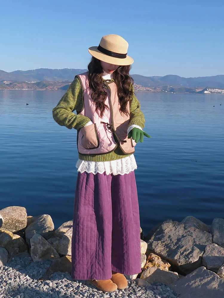 Sli Color Blo round Ne Svel Vest Jaet المرأة الخريف الشتاء الدافئة ملابس خارجية فضفاضة تخفيف Sle Morning Bell E...