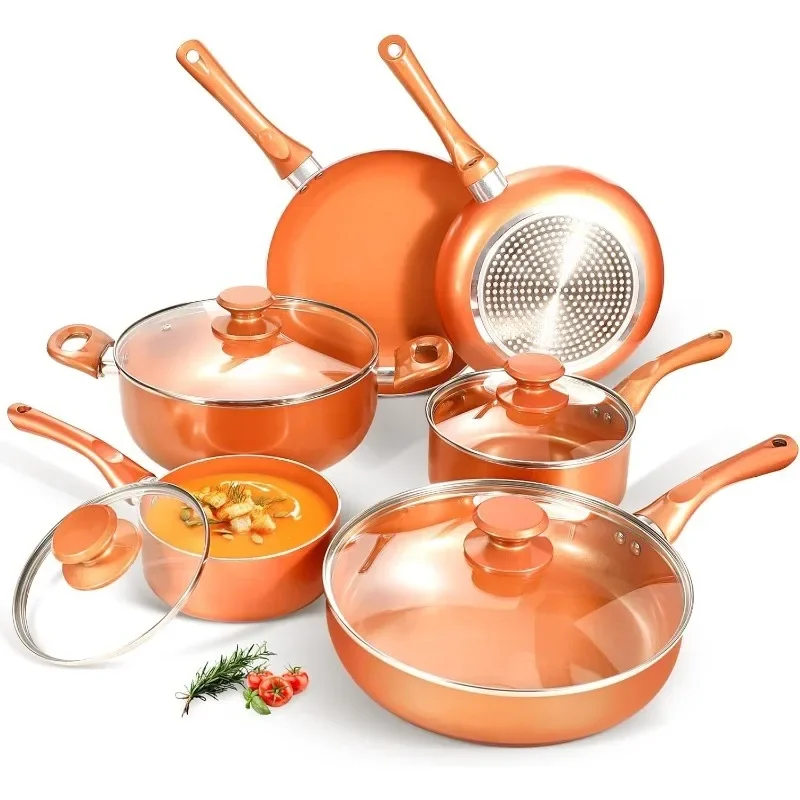 Pots and Pans Set, Cookware Copper Pan Set, Nonstick Ceramic Coating, Saute Pan, Saucepan Stockpot with Lid, Fry Pan, 10pcs