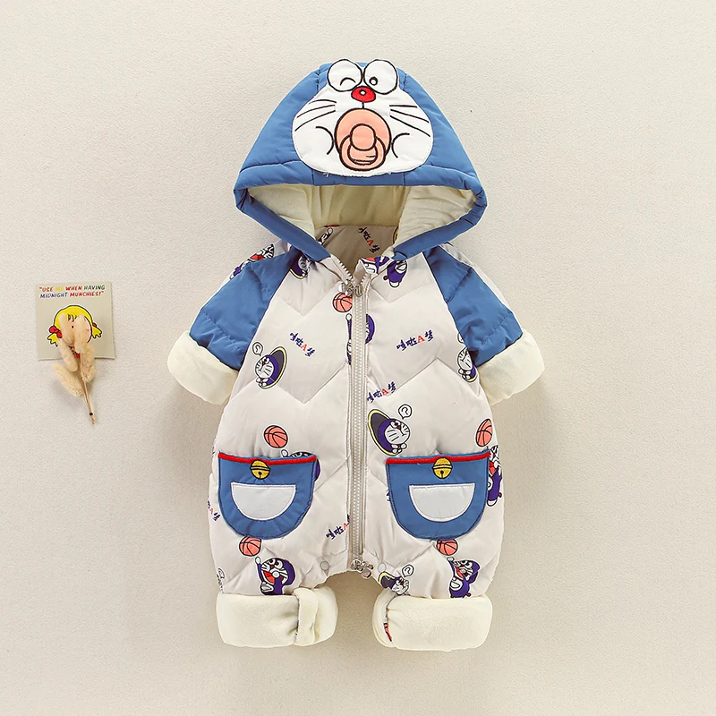 

Милый зимний комбинезон для новорожденных мальчиков, утепленный пухом, белый, с длинными рукавами, на молнии, в корейском стиле