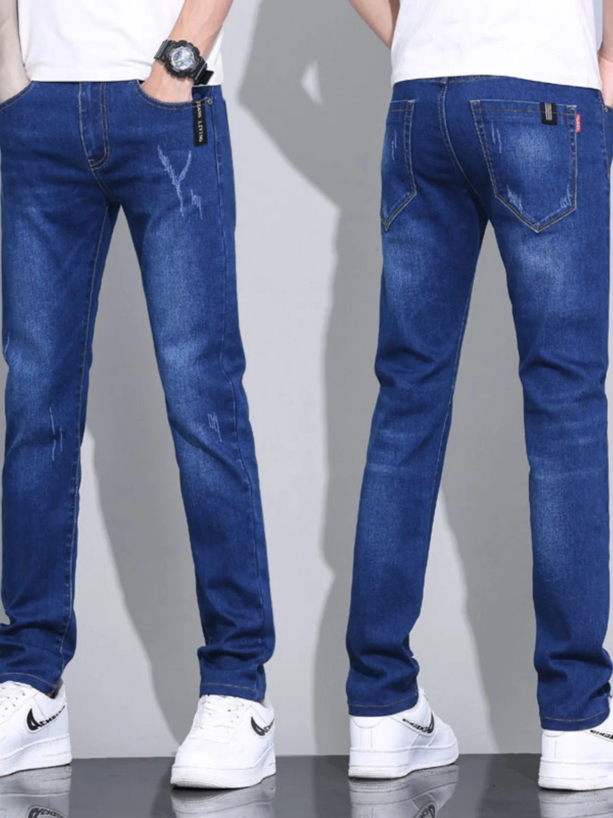 

Эластичные прямые джинсы, мужские весенние облегающие повседневные универсальные длинные брюки, корейские современные износостойкие джинсы