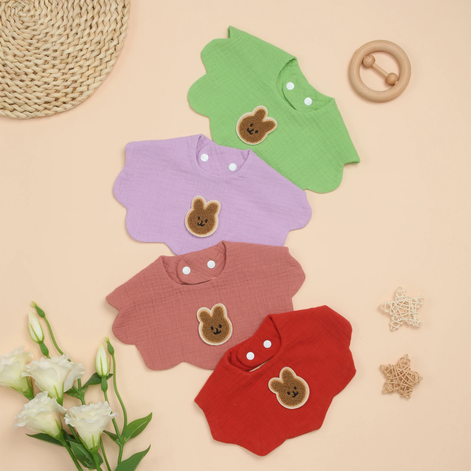 

Хлопковые детские нагрудники с милым кроликом, мягкие впитывающие детские нагрудники для слюнотечения, прорезывания зубов и кормления (4 шт.)