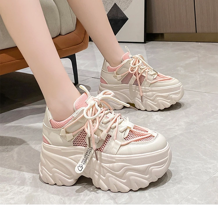 Shoes for Women 2023 High Quality Lace Up Women\'s Vulcanize Shoes Summer Solid Color Round Head Overheight with Mesh Sneakers