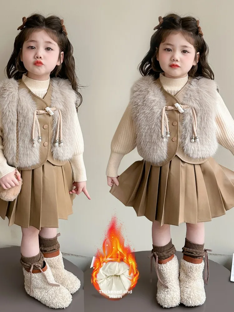 

Комплект из искусственного меха для девочек с подкладкой из толстой подкладки, осень-зима, новая одежда для малышей, повседневный комплект с жилетом с высокой талией...