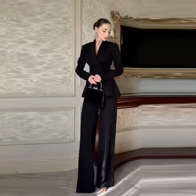 Fashion Black Blazer Jacket Pant Sets Chic Double Breasted Slim Waist Suit Coat Wide-leg Suit Trousers Spring Lady Party Outfits