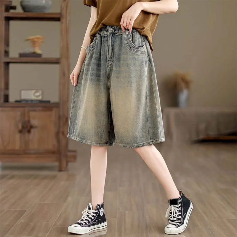 Denim Shorts for Women 2026 Summer Vintage Distress Elastic Waist Jeans Five-point Wide Leg Pants Casual Loose Women Clothing