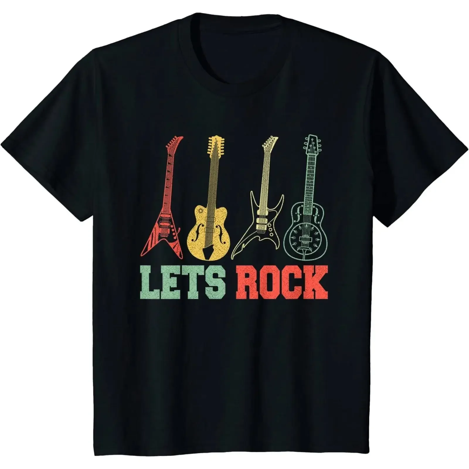 Lets Rock N Roll Guitar Retro Music Youth T shirt vintage Washed Unisex Breathable Stretched Comfortable fashion