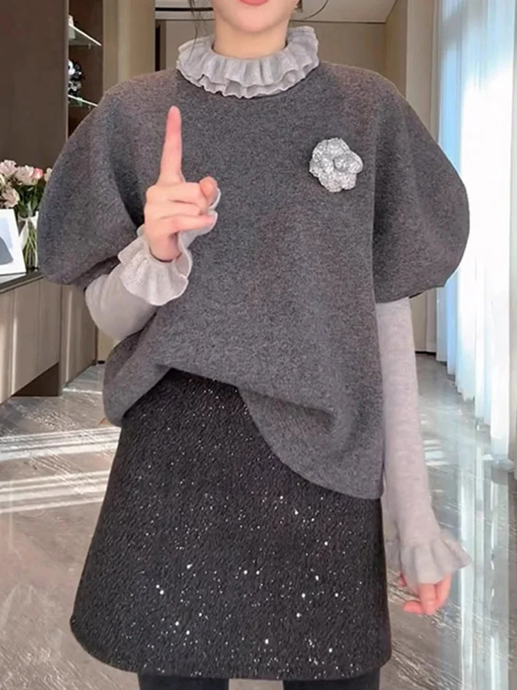 

Chic Comfortable Women's Base irt Lace Collar Two-Piece Set Faionable Commute Sle Korean Version Regular Fit Long Sve