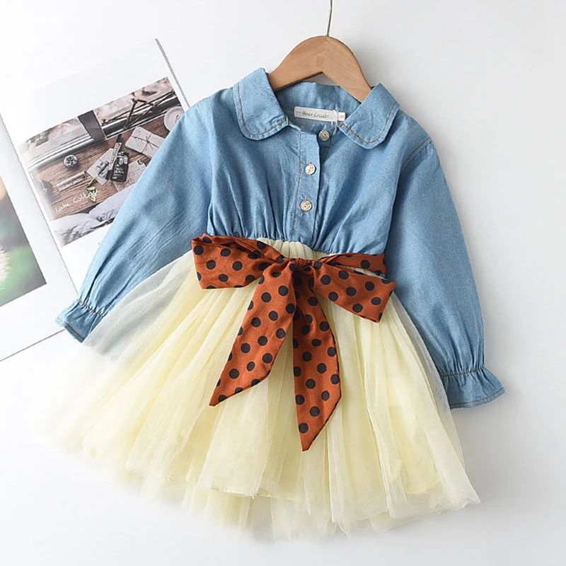 Autumn and Winter Promotion Korean Casual Lapel Denim Patchwork Mesh Long Sleeved Dress with Bow Decoration for Girls Aged 1-2
