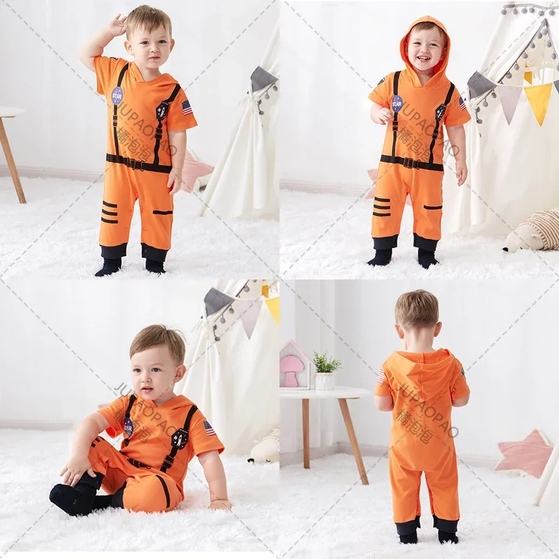 Letnia krótka bluza z kapturem astronauta kostium Romper dla chłopców dziewcząt kombinezon kosmiczny kombinezon Halloween strój urodzinowy Cosplay Anime