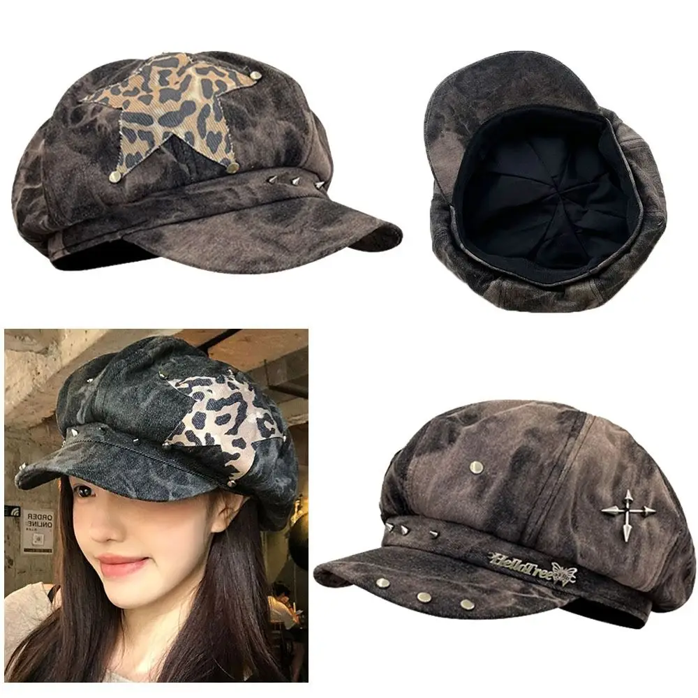 

Наклейка со звездой, берет в стиле Харадзюку, шляпа с рисунком тай-дай, уличная одежда, аксессуары, кепка газетчика, дизайн с заклепками, кепка в стиле панк, женская мода