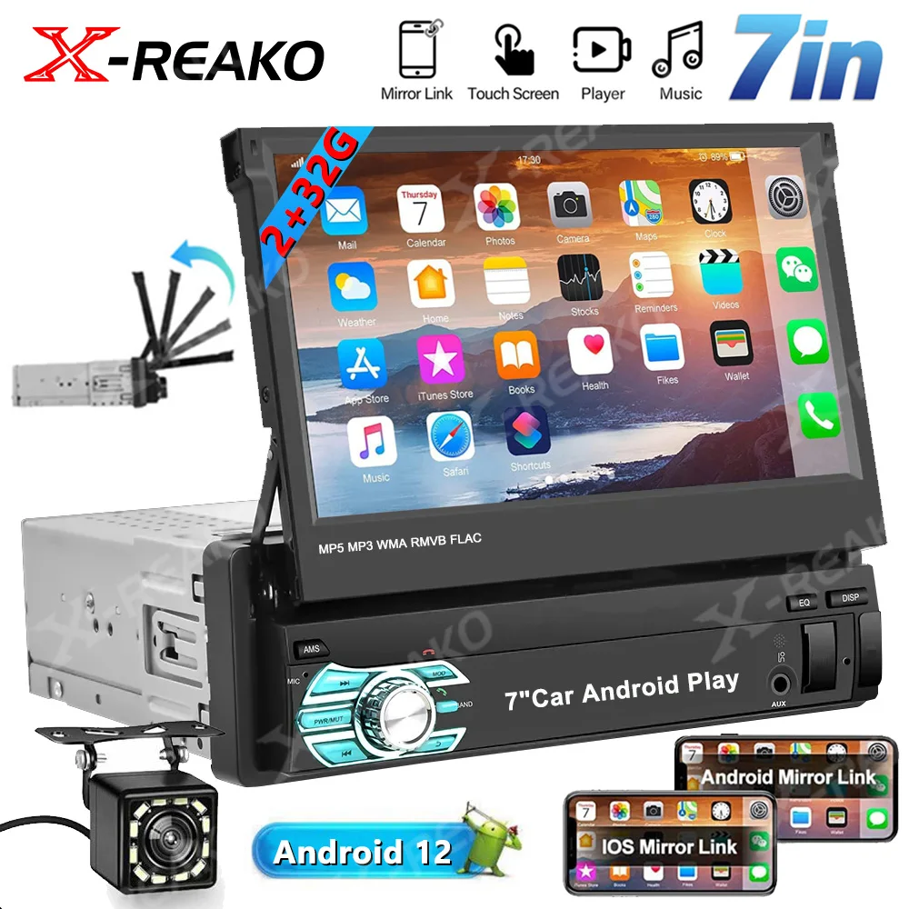 

X-REAKO 1 DIN 7" Retractable Touch Screen Car MP5 Player Bluetooth 2+32G FM/RDS Android 12 Stereo Electric Telescopic Monitor