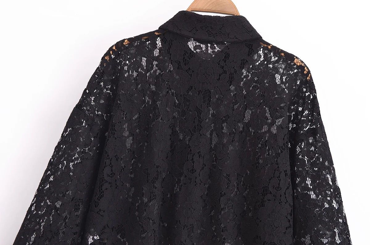 Tangada Women Black Lace Crop Blouse Flare Long Sleeve Chic Female Lady Tops QD074