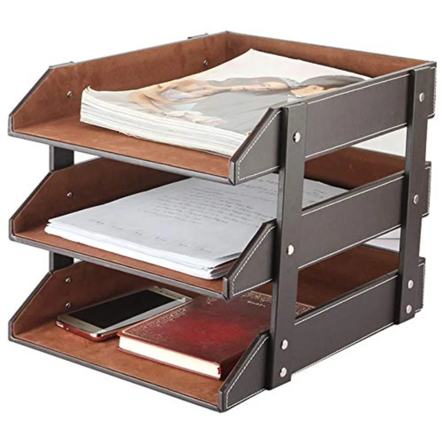 

Очень прочный 3-ярусный кожаный настольный органайзер для документов/канцелярских принадлежностей/папок, штабелируемый лоток для бумаг, подставка для файлов