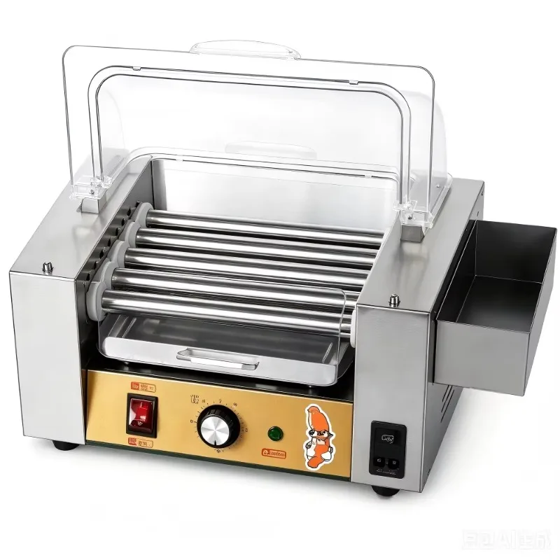 Mini 5 Rollers Electric Stainless Steel Hot Dog Roller Grill with Round Cover Commercial Sausage Roaster Machine Snack Shop