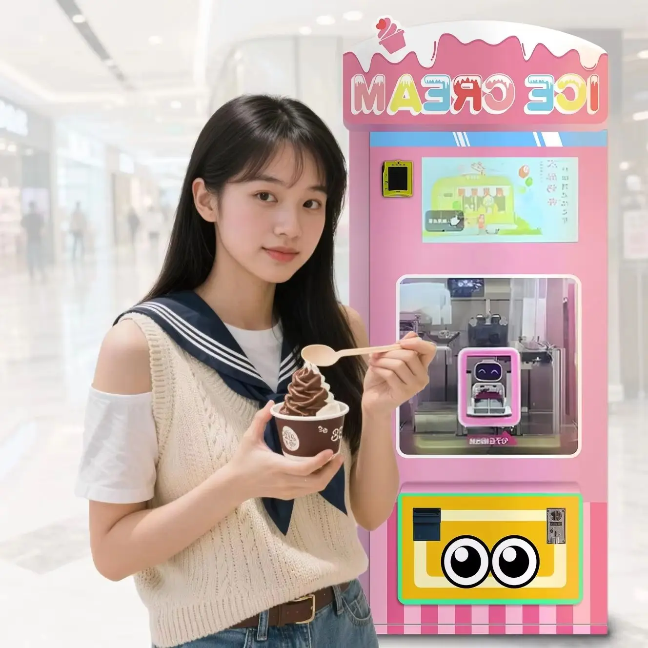 Commercial Touch Screen Ice Cream Vending Machine Coin QR Card Multi Payment Soft Serve Frozen Yogurt Unmanned Kiosk