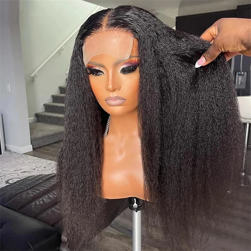 Leimlos verworrene gerade 13x4 Spitze Frontal Perücken synthetische schwarze Yaki glattes Haar hitze beständige Faser verworrene Afro weiche Frauen Perücke