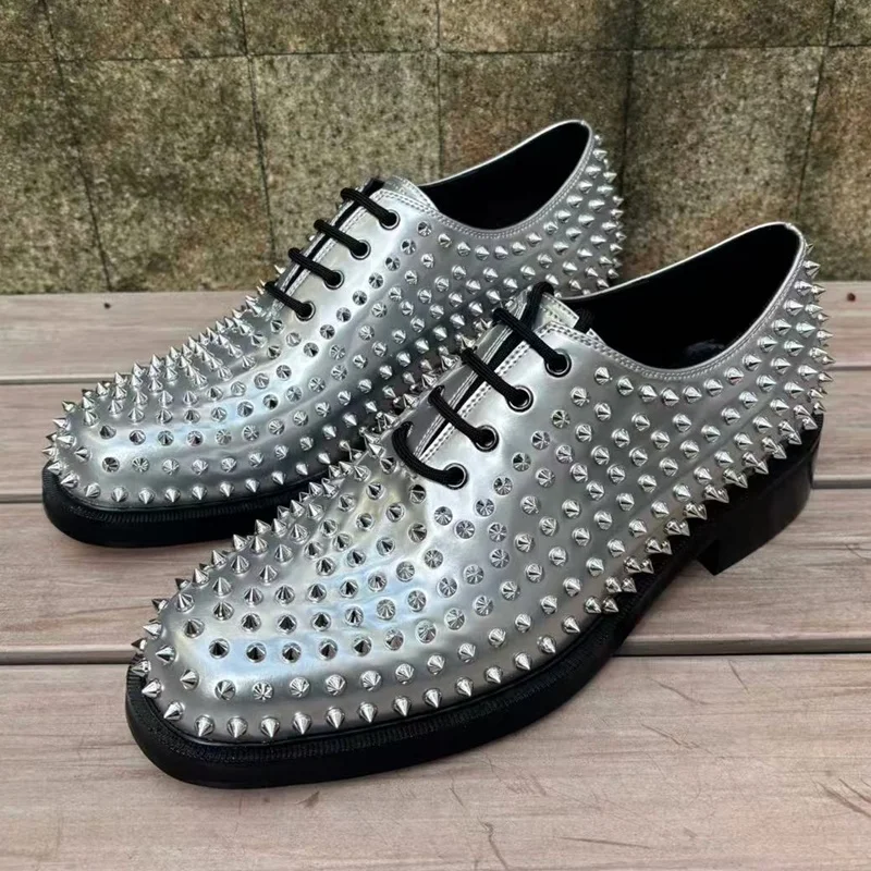 

New Stylish Italy Silver Genuine Leather Oxford Dress Shoes Man Lace-up Platform Formal Shoes Men Rivets Shoes For Party Wedding