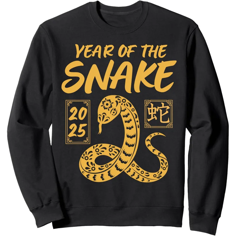 3D Printed Happy New Year 2025 Hoodie For Men Year of the Snake Pattern Sweatshirt Spring Autumn Casual Long Sleeves O-Neck Tops