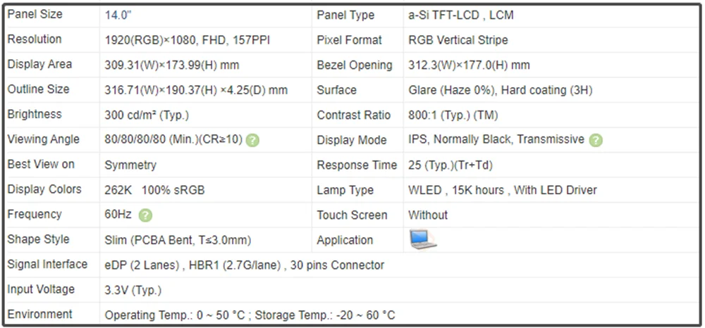 14 inch LCD Screen IPS Panel Slim 1920×1080 FHD 157PPI EDP 30pins 60Hz Non-touch 300 cd/m² 100% sRGB LP140WF7-SPG1 LP140WF7 SPG1