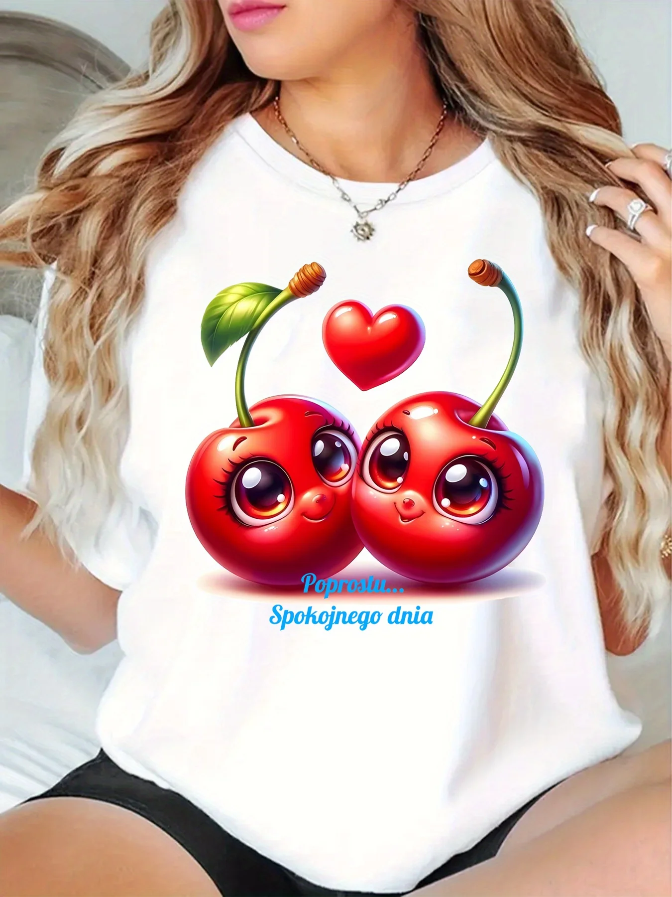 Women's Casual Cute Cartoon Cherries Heart Balloons Print Stretch Round Neck Tee for Valentine's Day Gifts Funny Graphic Tee
