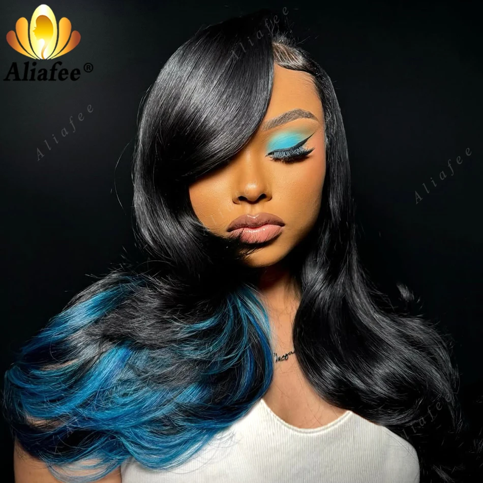 

New Fashion Hairstyle Black Highlight Bright Blue Body Wave Human Hair Wig 13x6 Transparent Lace Frontal Glossy Soft Wavy Wigs