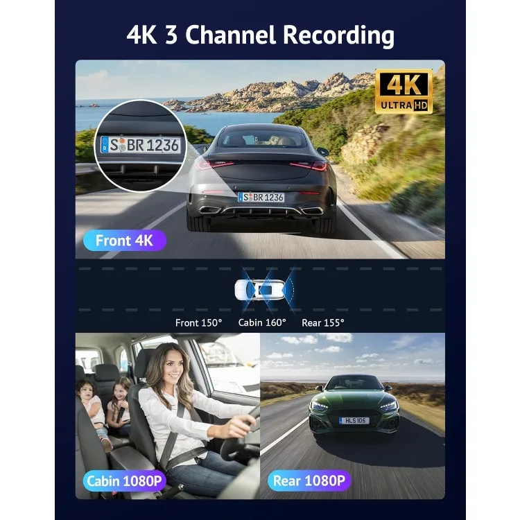 3 Channel Dash Cam 4K+1080P+1080P HD Triple Dashcam with 5G WiFi, 3