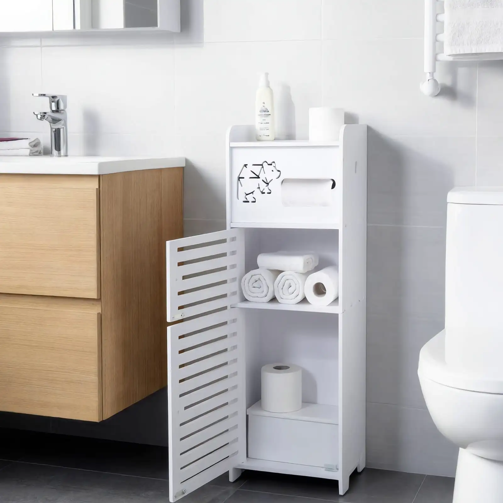 1 PC Independent White Bathroom Cabinet, Toilet Paper Storage Cabinet, Multi-Tier Storage Shelf, Made Of Durable Wood-Plastic Material, With Door For Moisture And Dust Prevention, Suitable For Small Spaces, Bathroom Towels, And Toiletries Storage
