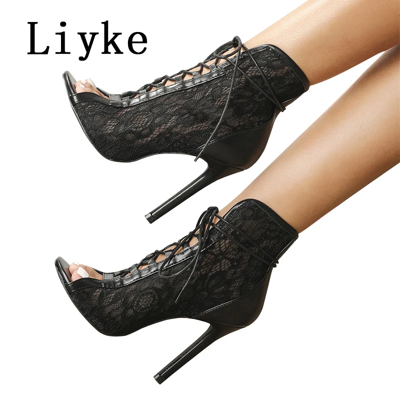 Liyke Cozy Breathable Mesh Ankle Boots Sandals Sexy Peep Toe Hollow Out Cross Strap High Heels Pole Dance Shoes Women Booties