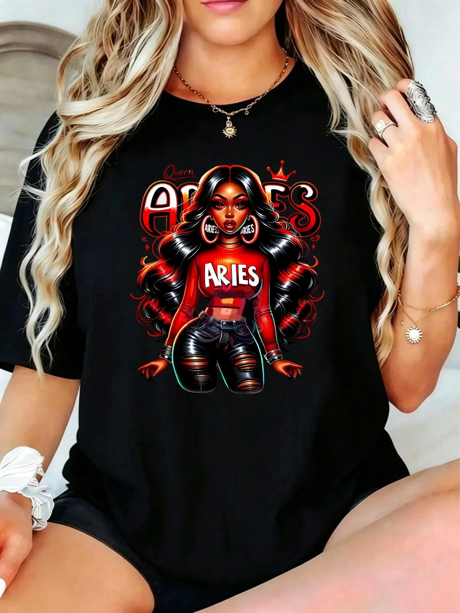1Pcs Plus Size Women T-Shirt, Queen Aries Woman with Crown and Red Outfit Shirt, Loose Type Shirt for Women