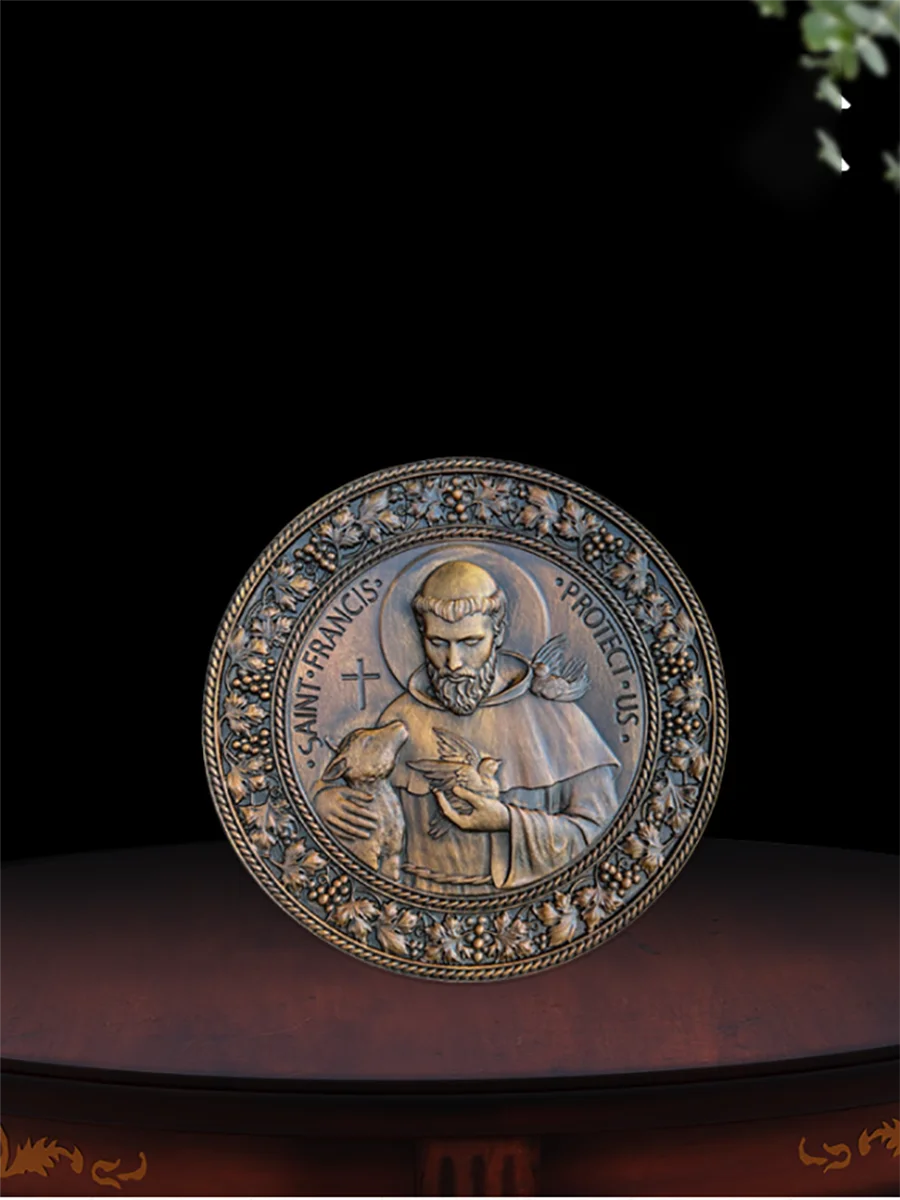 Hand Carved St. Francis Wooden Wall Plaque - Catholic Saint Statue, Christian Home Decor, Round Religious Art, Vintage Monastery