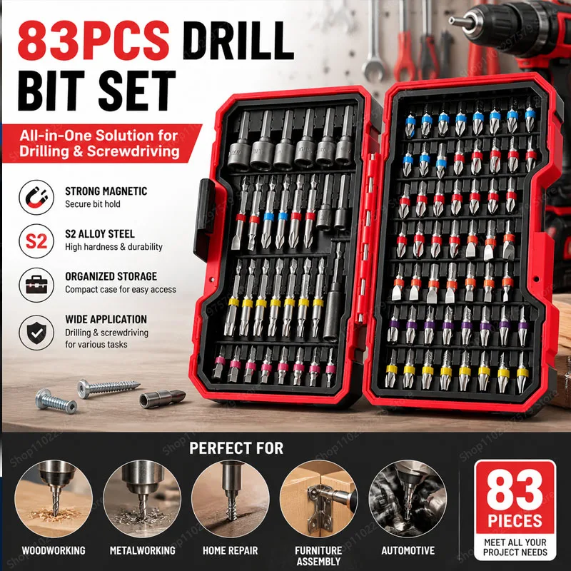 83 Pieces Screwdriver Drill Bits Set Impact Drill Bits Anti-Slip Magnetic Power Tool With Storage Case Portable For Home Repair.