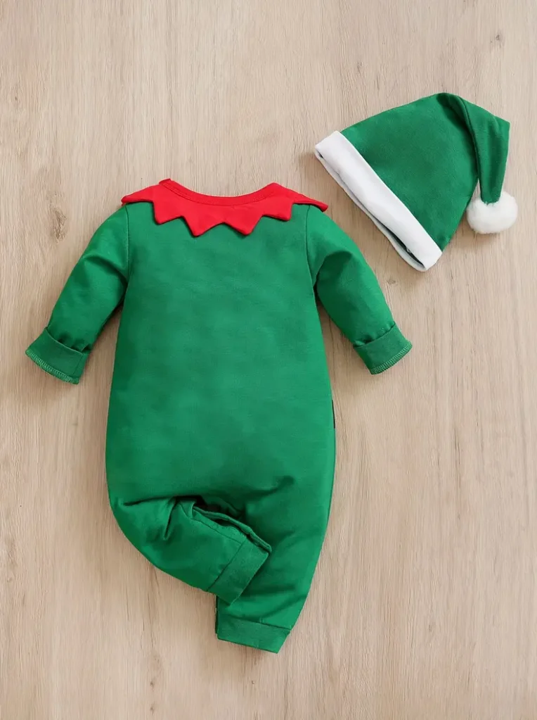 Infant and Toddler Boys' & Girls' Spring/Autumn Long-Sleeve Letter Print Christmas Bodysuit with Hat Two-Piece Set