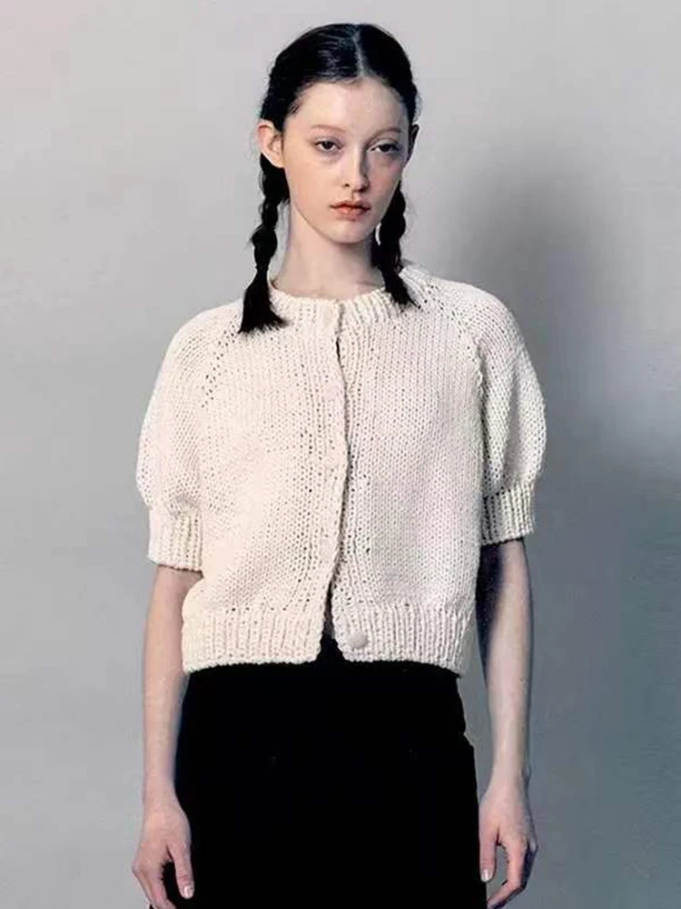 

Women's Short Sleeve Knitted Open Cardigan Casual Style Small Size Version Korean Version Breathable Cotton Blend Top