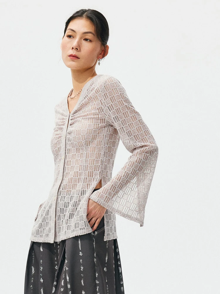 

Wild Trims Fitted Lace irt Bell Sve Hollow out Nude Color Vintage Sle Women's Premium Faion Summer irt