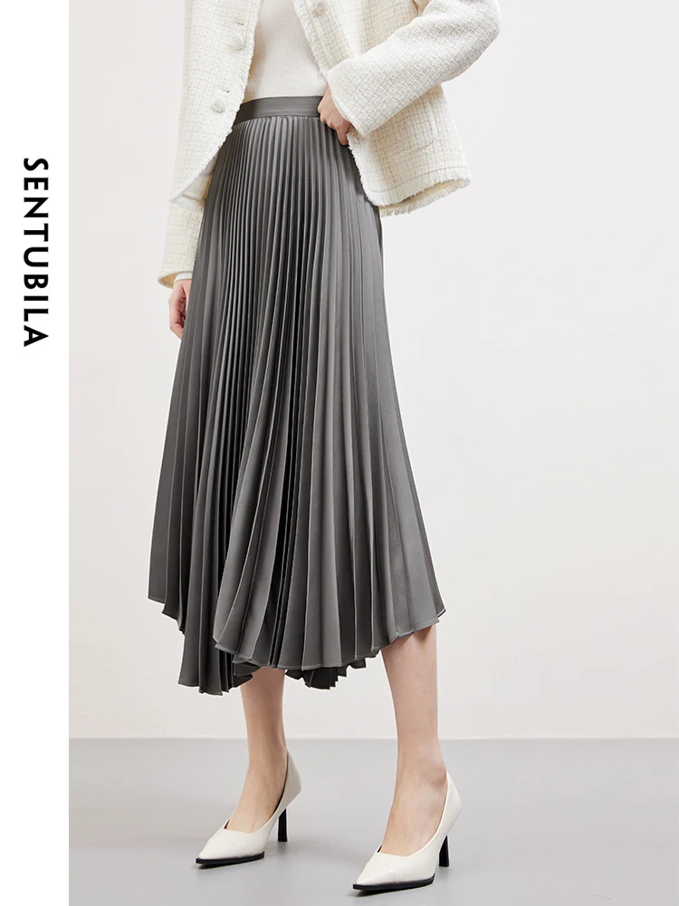 SENTUBILA Gray Satin Irregular Pleated Midi Skirts Woman 2024 Spring Autumn Trend Elegant Women's A-line Swing Skirt 141Q53096