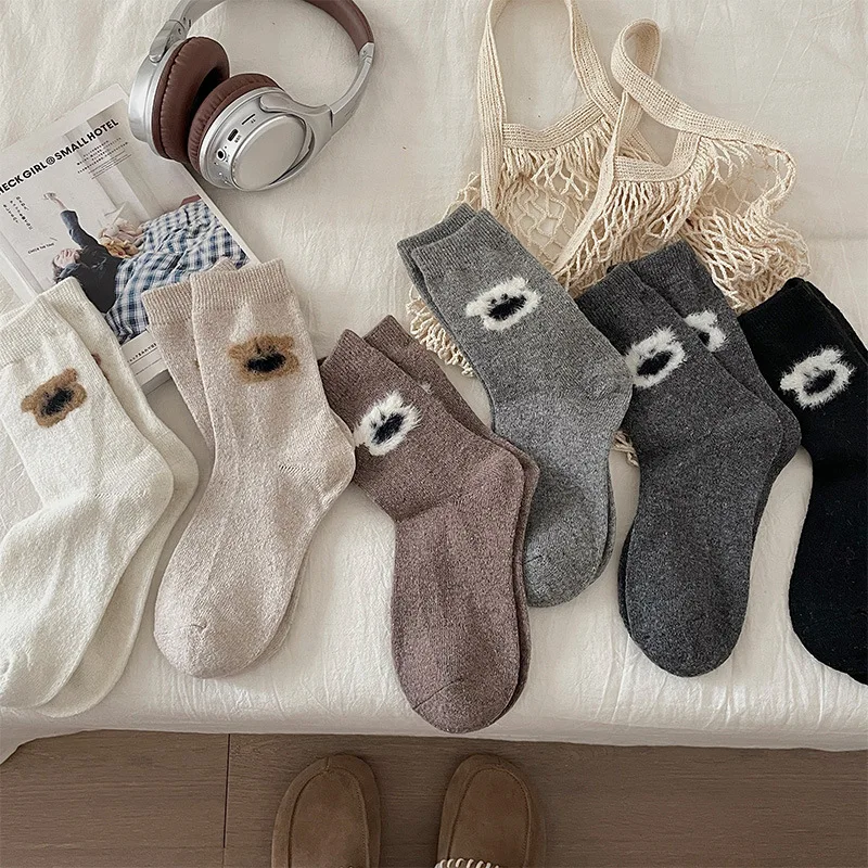 

6 пар новых шерстяных носков, носки средней длины, зимние толстые и плюшевые теплые удобные повседневные носки с милыми героями мультфильмов