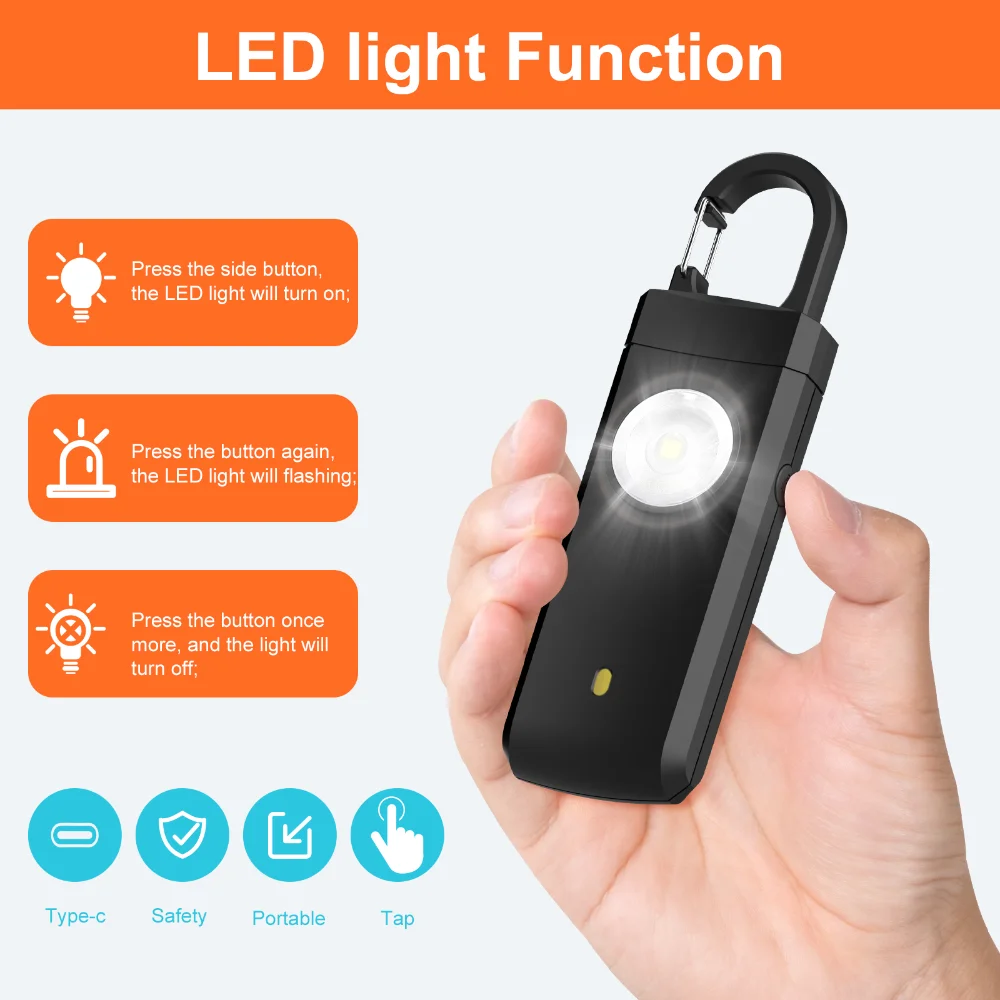 130dB Keychain SOS Flash Light Torch Personal Safety Alarm 130dB USB Siren Alarm for Elderly Kids Women Emergency Self Defense